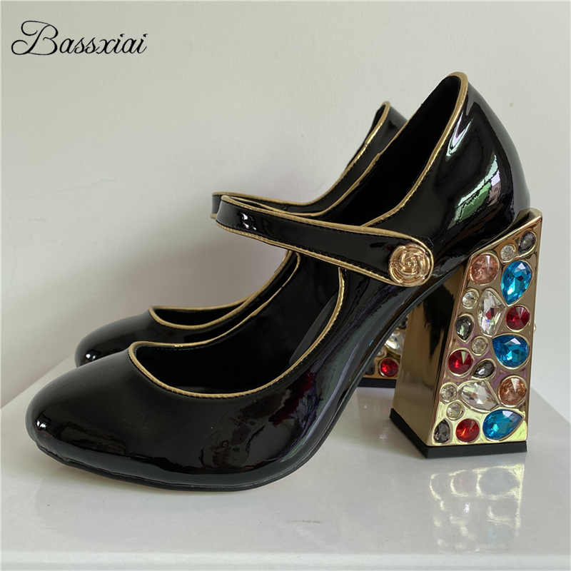 Leather Classic Strap - Colorful Diamond Square High Heel Women