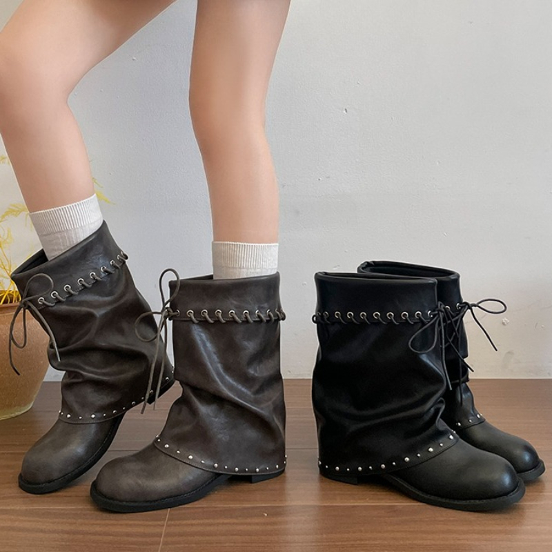 Leather Classic Strap - Women Slouchy Mid Calf Boots Round